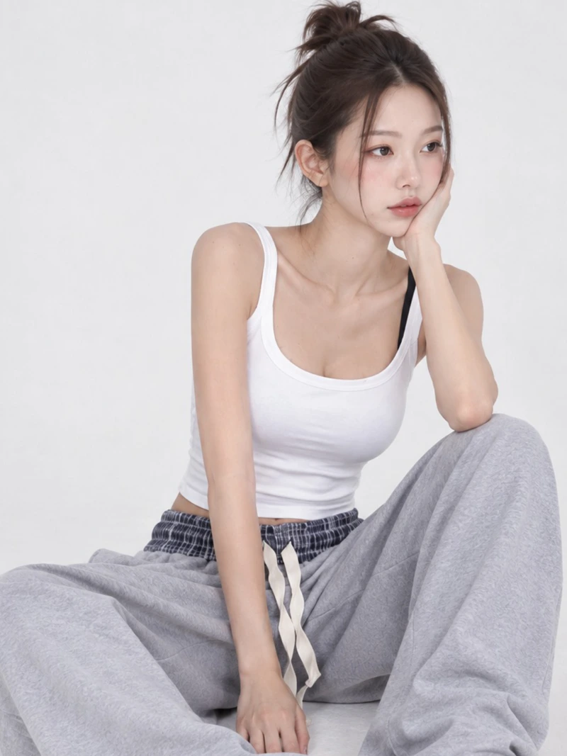 腰帶格紋單褶休閑褲/衛褲
