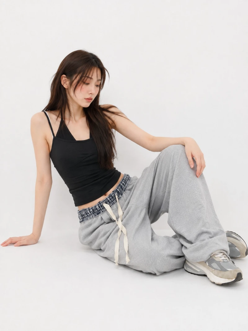 腰帶格紋單褶抽繩長褲
