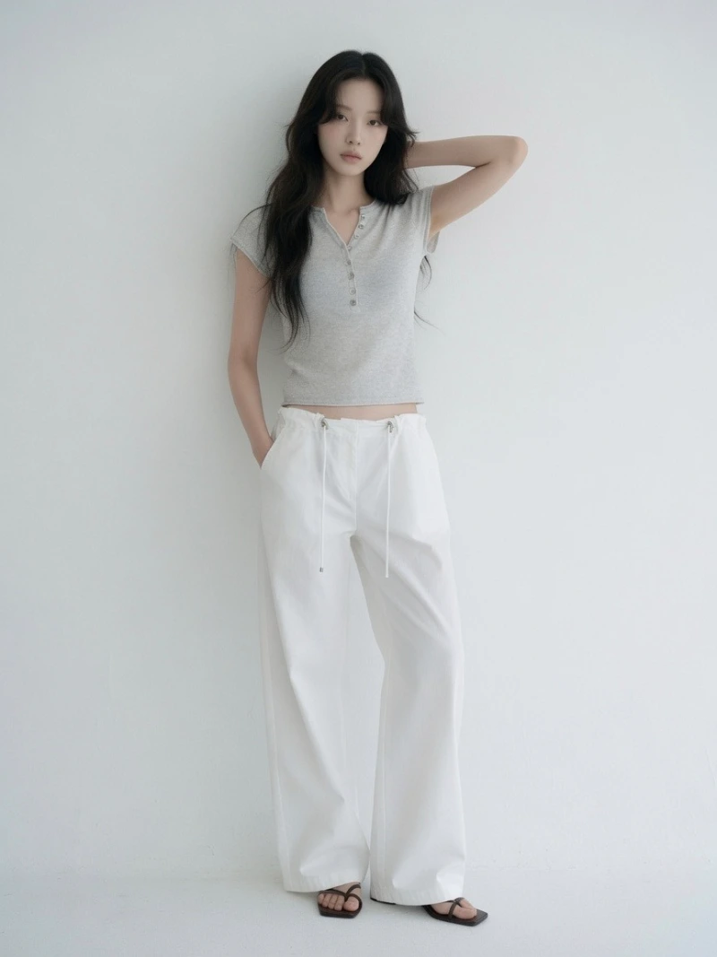 Grey Ribbed Henley Cropped Knitwear