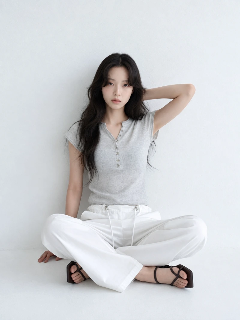 Grey Ribbed Henley Cropped Knitwear