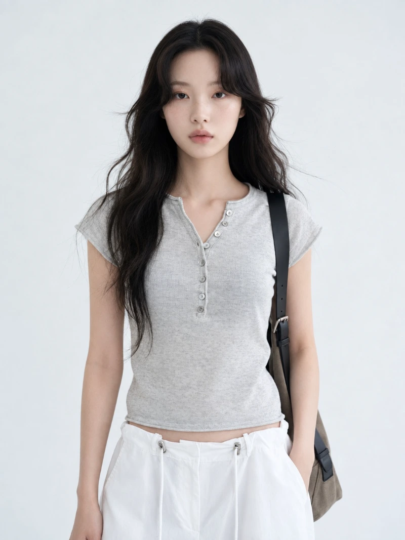 Grey Ribbed Henley Cropped Knitwear