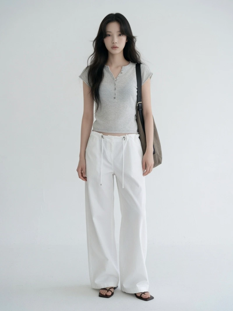 Grey Ribbed Henley Cropped Knitwear