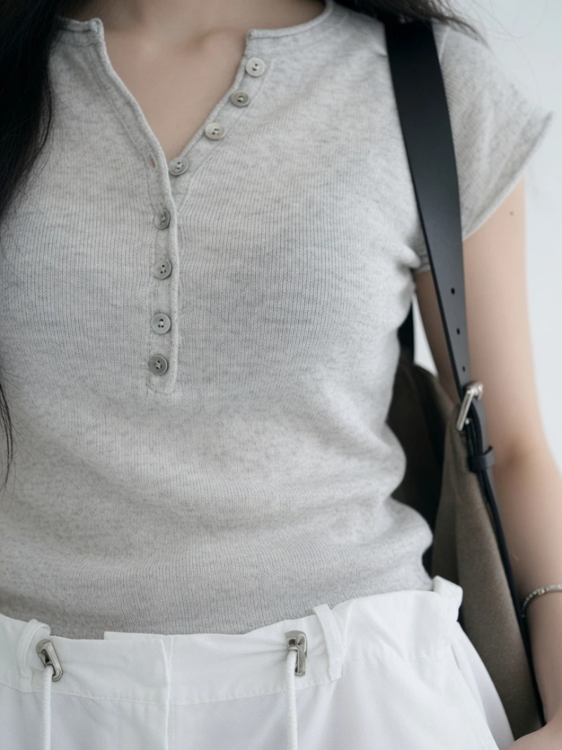 Grey Ribbed Henley Cropped Knitwear