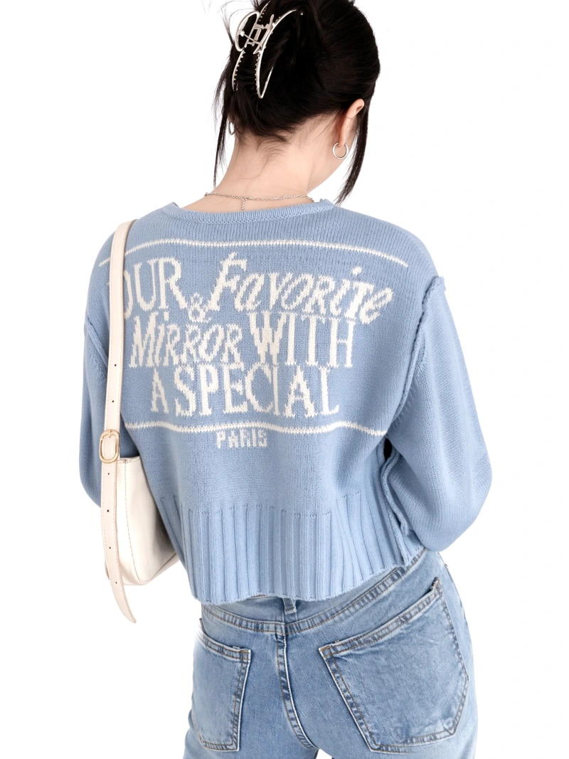 Knit Jacquard Lettering Color Block Cardigan