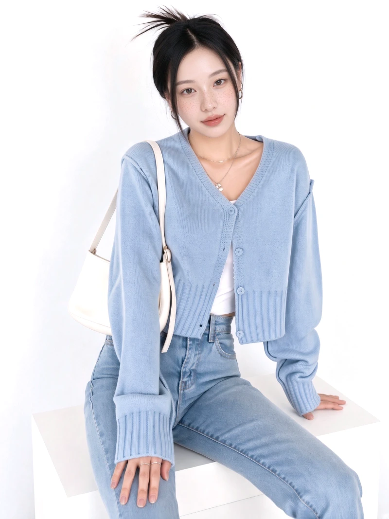 Cropped Knit Jacquard Lettering Color Block Cardigan