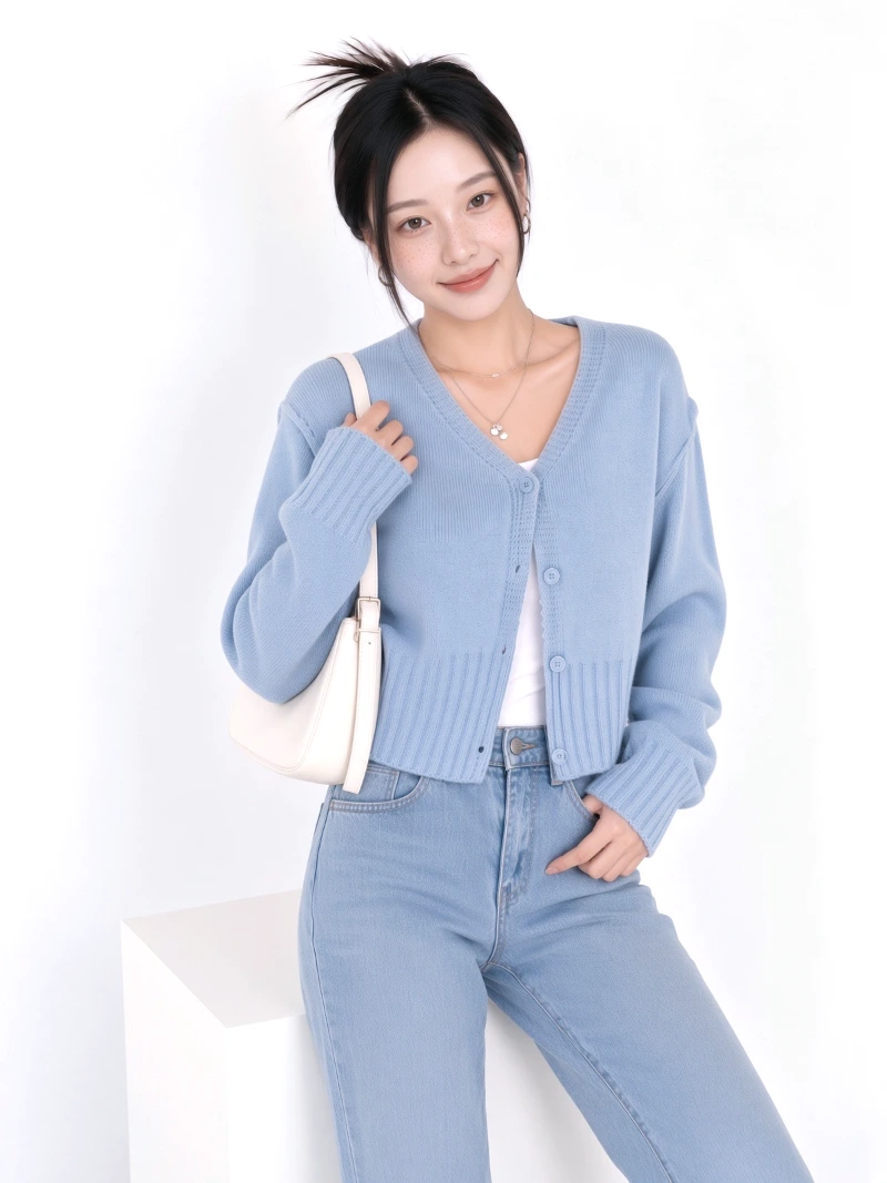 Cropped Knit Jacquard Lettering Color Block Cardigan