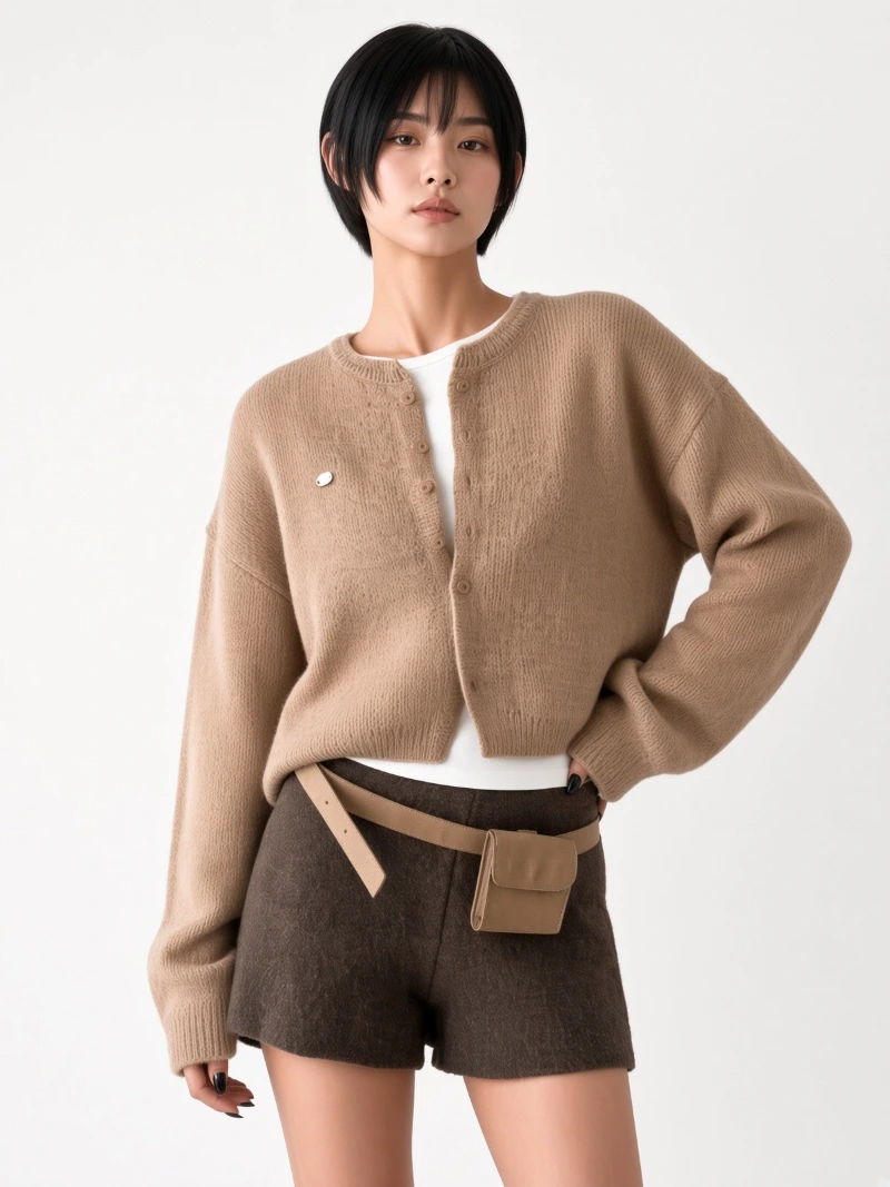 Brown Round Pendant Simple Knit Cardigan